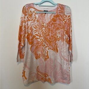 Tabots Sweater Women’s 2XL Pink Orange Paisley V Neck Pullover Sweatshirt Tunic